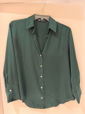 Zara Dark Green Satin Button Down Blouse